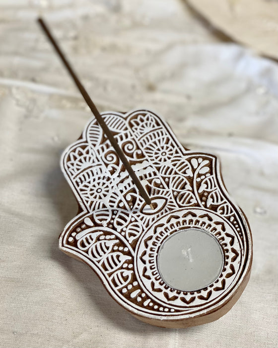 Hamsa Wooden Incense / tealight holder