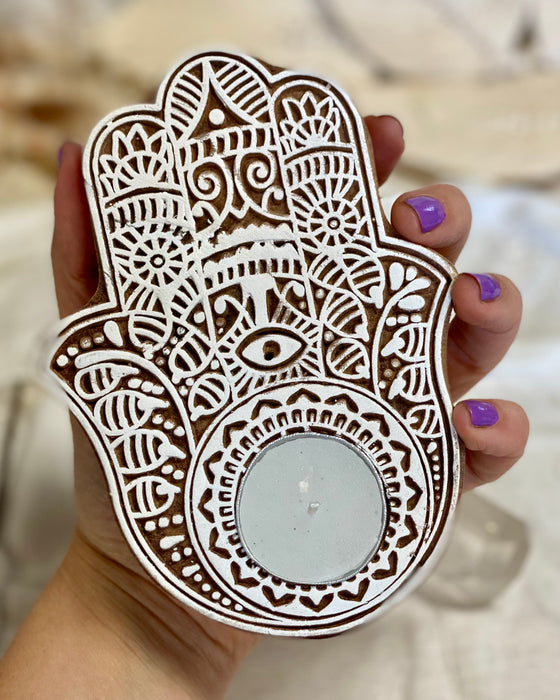 Hamsa Wooden Incense / tealight holder