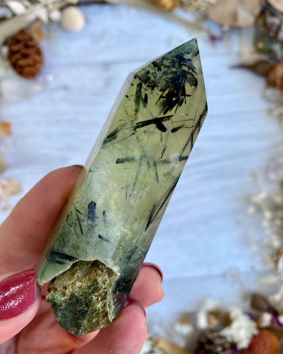 Prehnite with Tourmaline Point