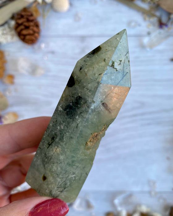 Prehnite with Tourmaline Point