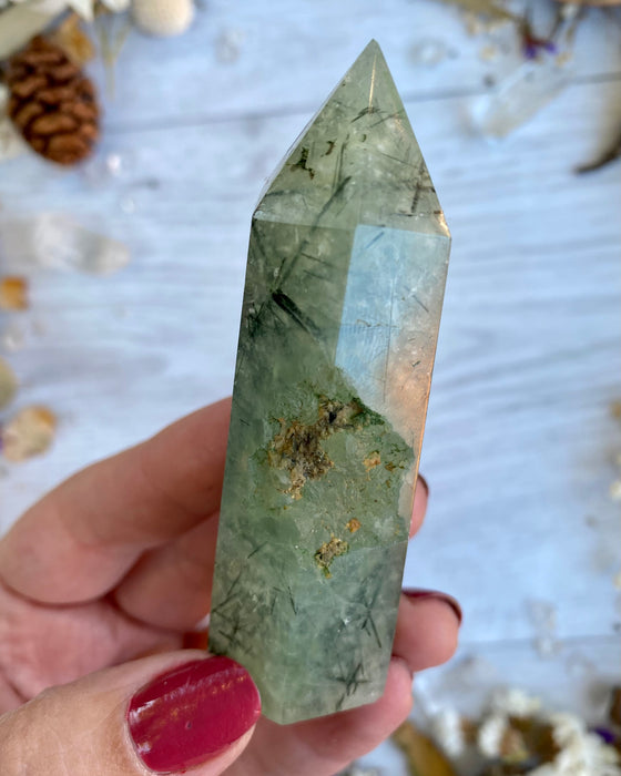 Prehnite with Tourmaline Point