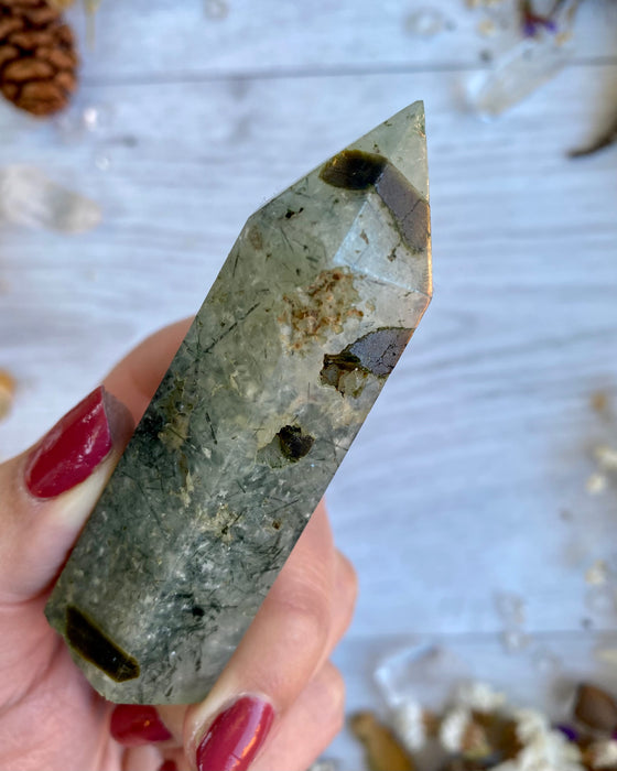 Prehnite with Tourmaline Point